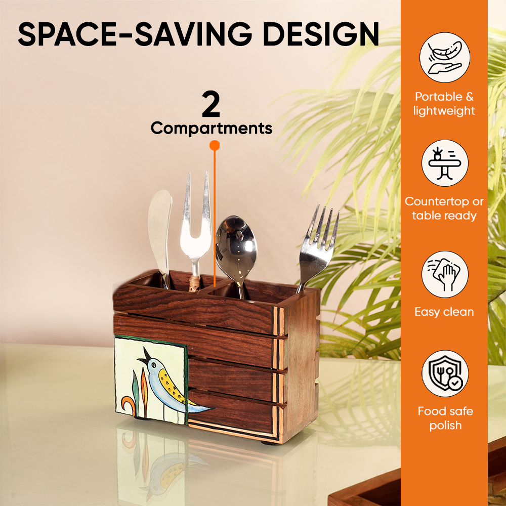 Kyoku Hand Painted Wooden Cutlery Holder, Compact Organizer for Dining Table and Kitchen