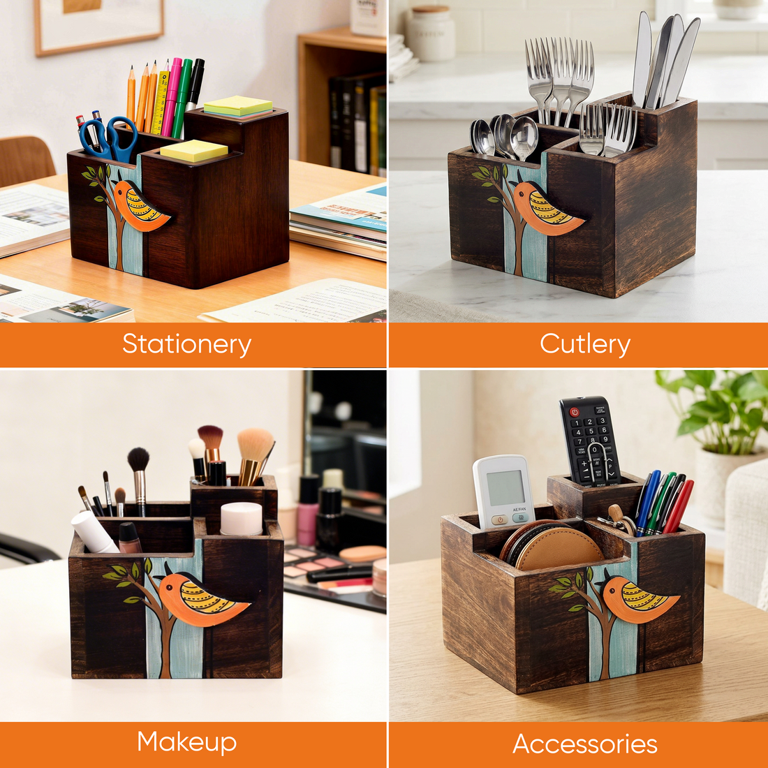 Robin Handcrafted Wooden Cutlery Holder, Elegant Organizer for Kitchen and Dining Table