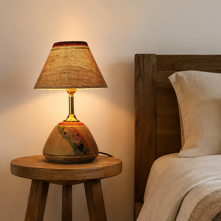 Table Lamp Beige Earthen Handcrafted with White Shade (12.6x6.1")