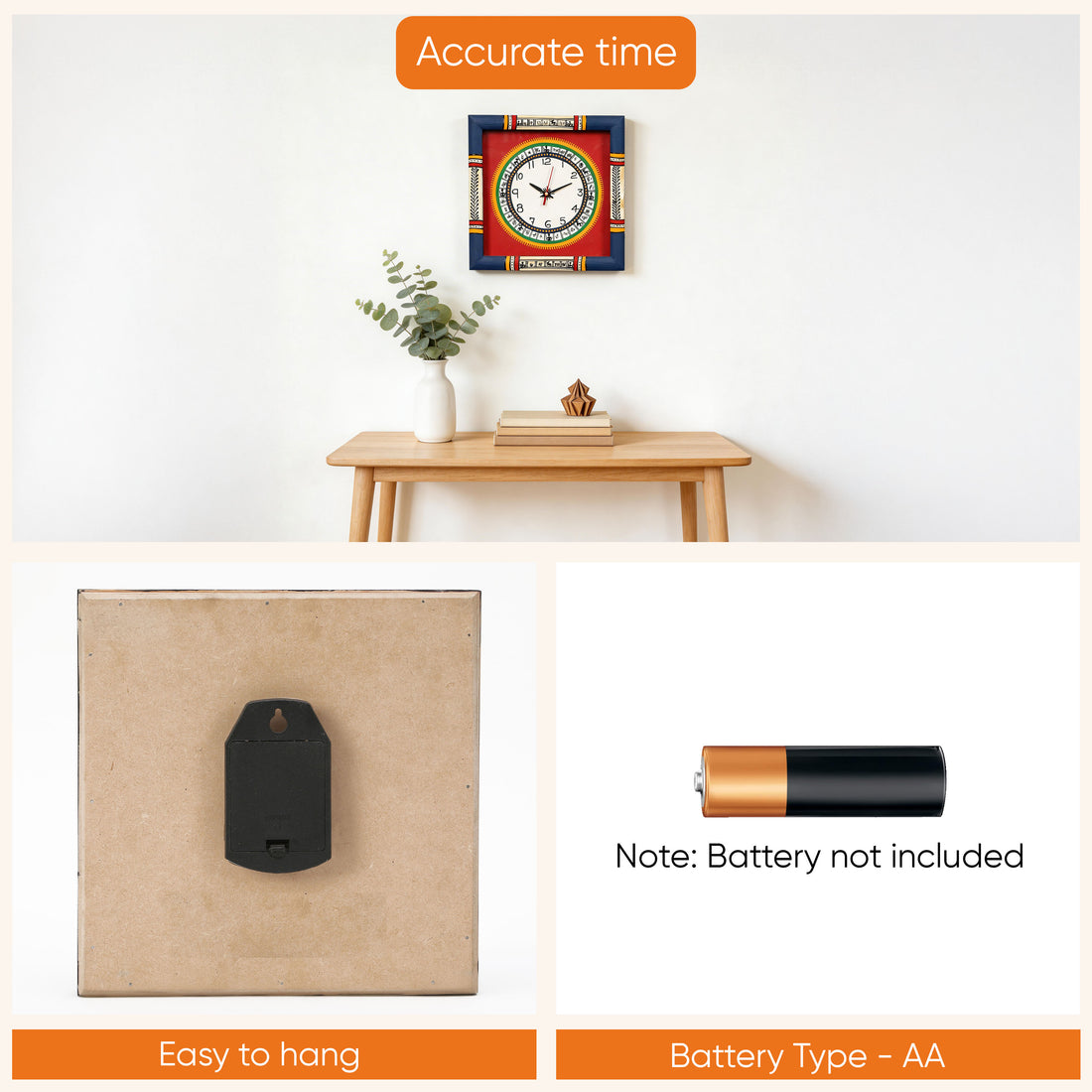 Wall Clock Handcrafted Warli Art Red Dial with Glass Frame (10x10)