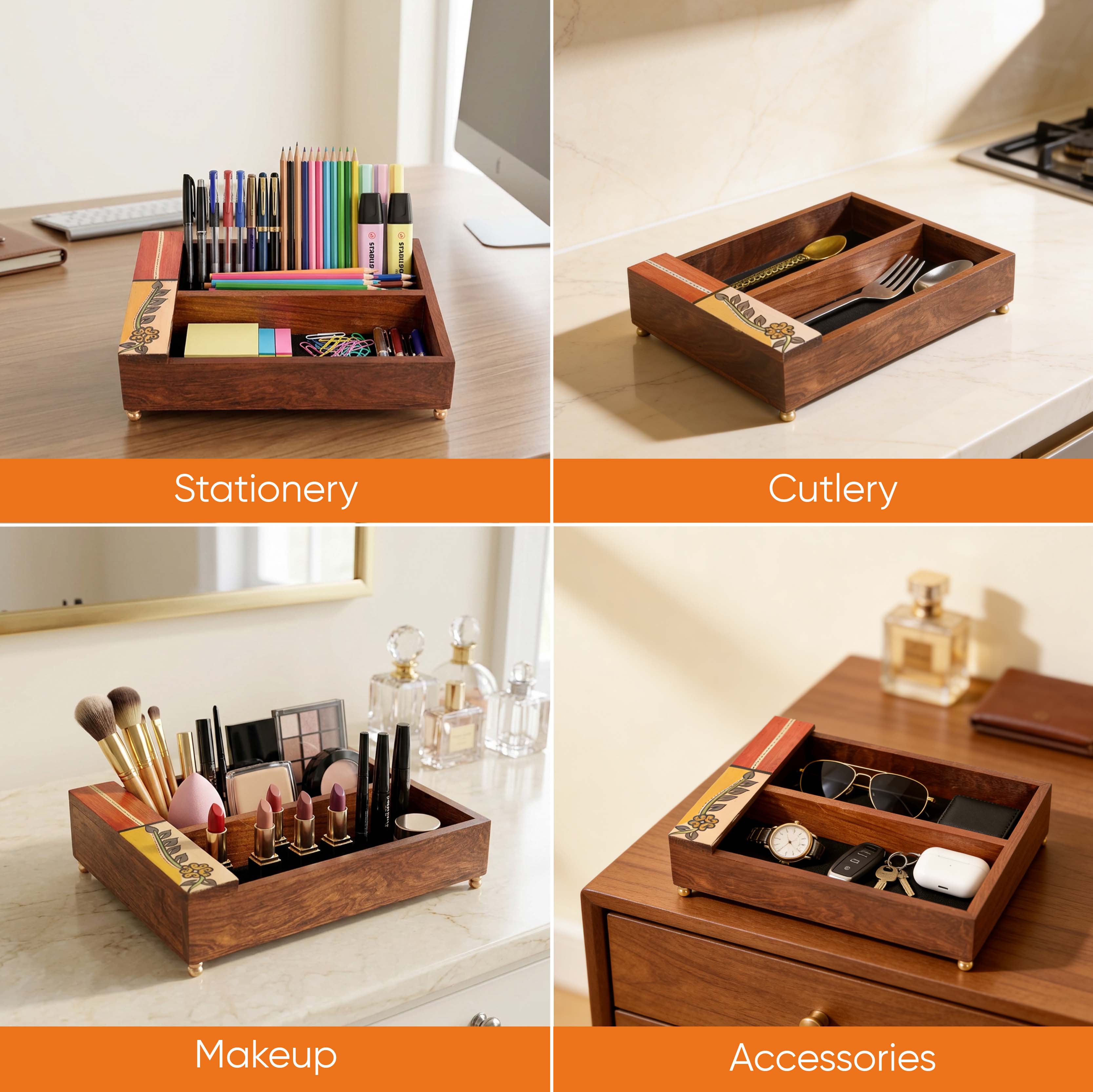 Cutlery Holder Handcrafted in Wood with Flower Motif (9x7x2.2")