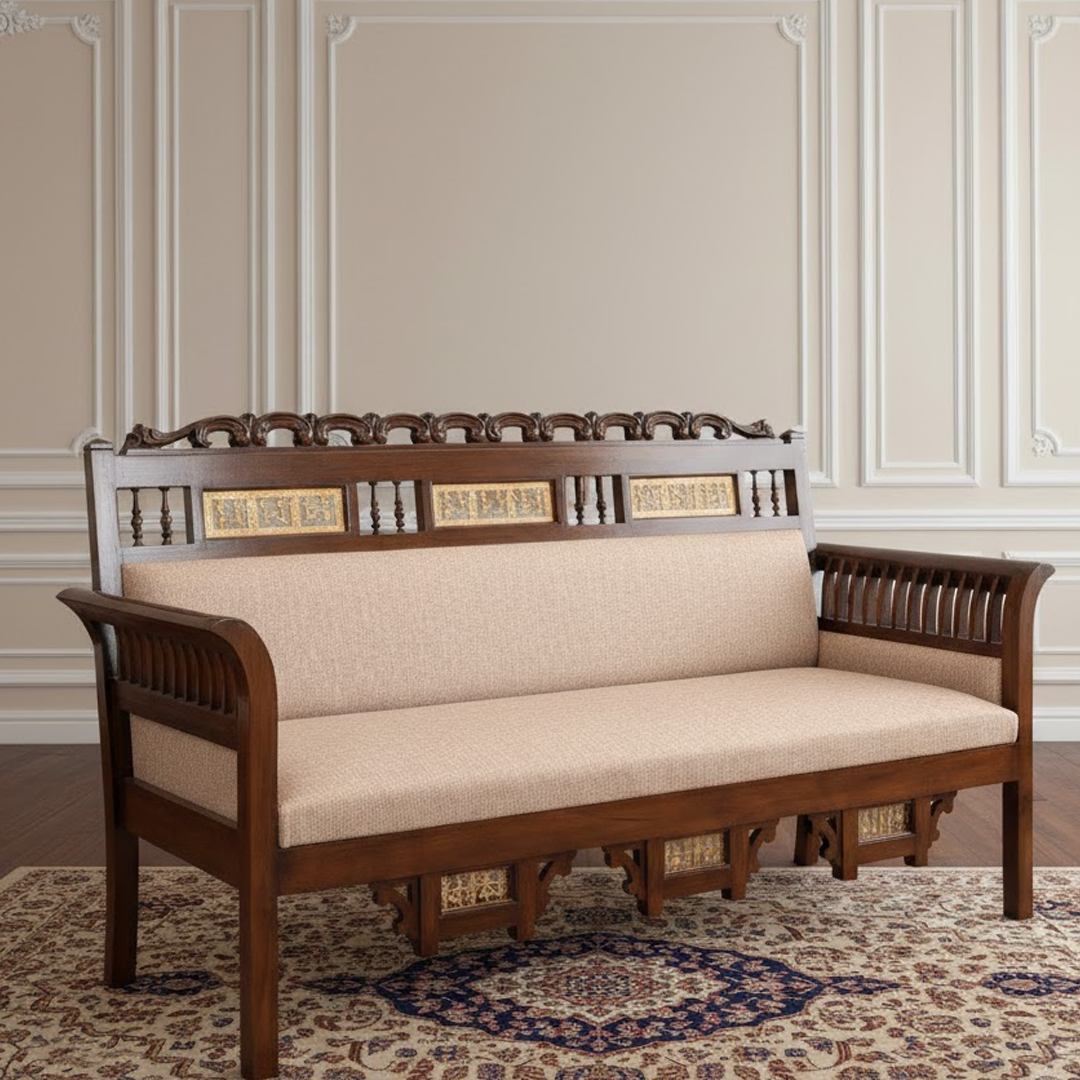 Maharaja Three Seater Sofa in Teakwood with Walnut Finish adorned with Dhokra Brass Frames