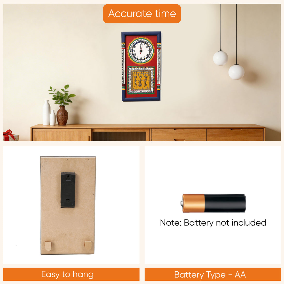 Desi Dhokra Wall Clock Warli Dial with Glass Frame (10x18)