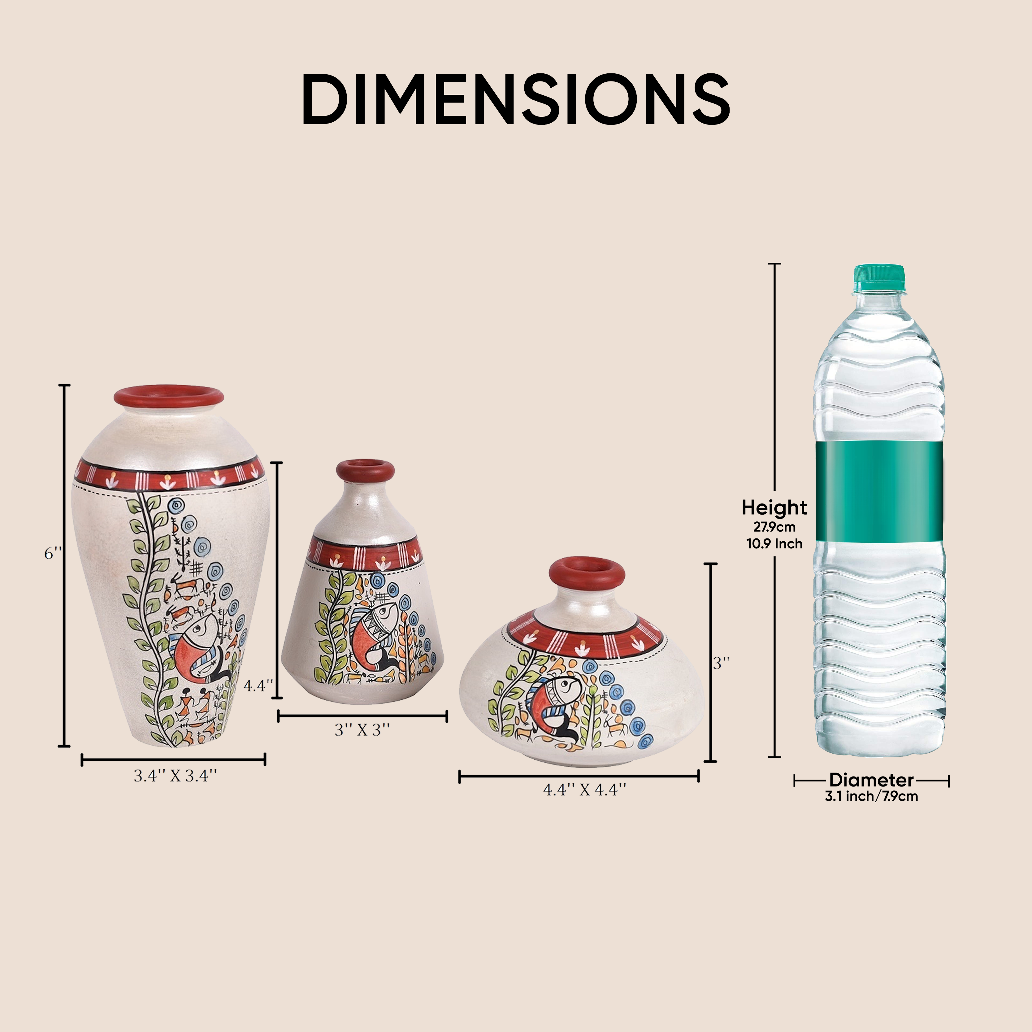 Vase Earthen Miniatures White Madhubani (Set of 3) 4.4/3/6