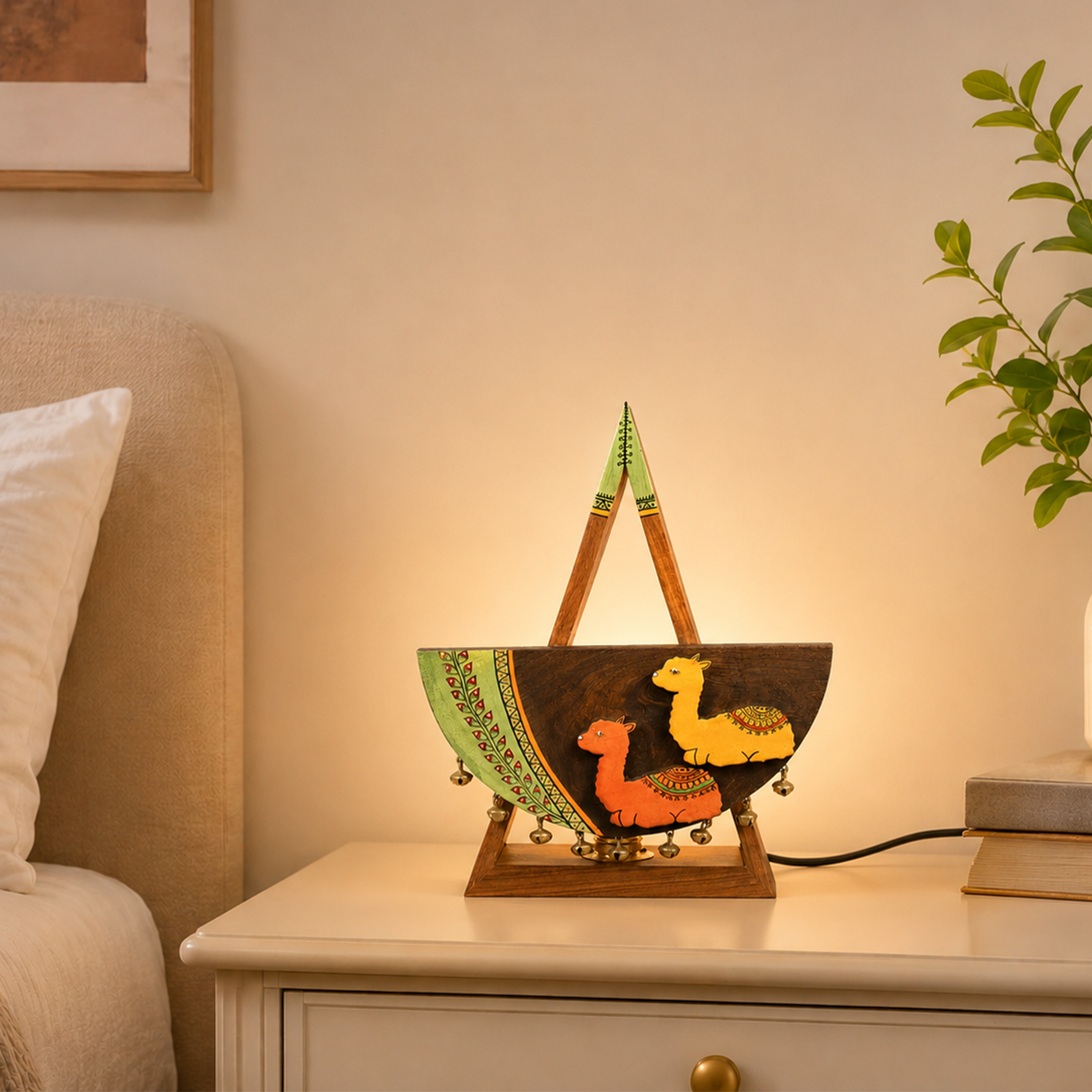 Table Lamp Handcrafted in Wood with Alpaca Motif (9.4x3.4x12")
