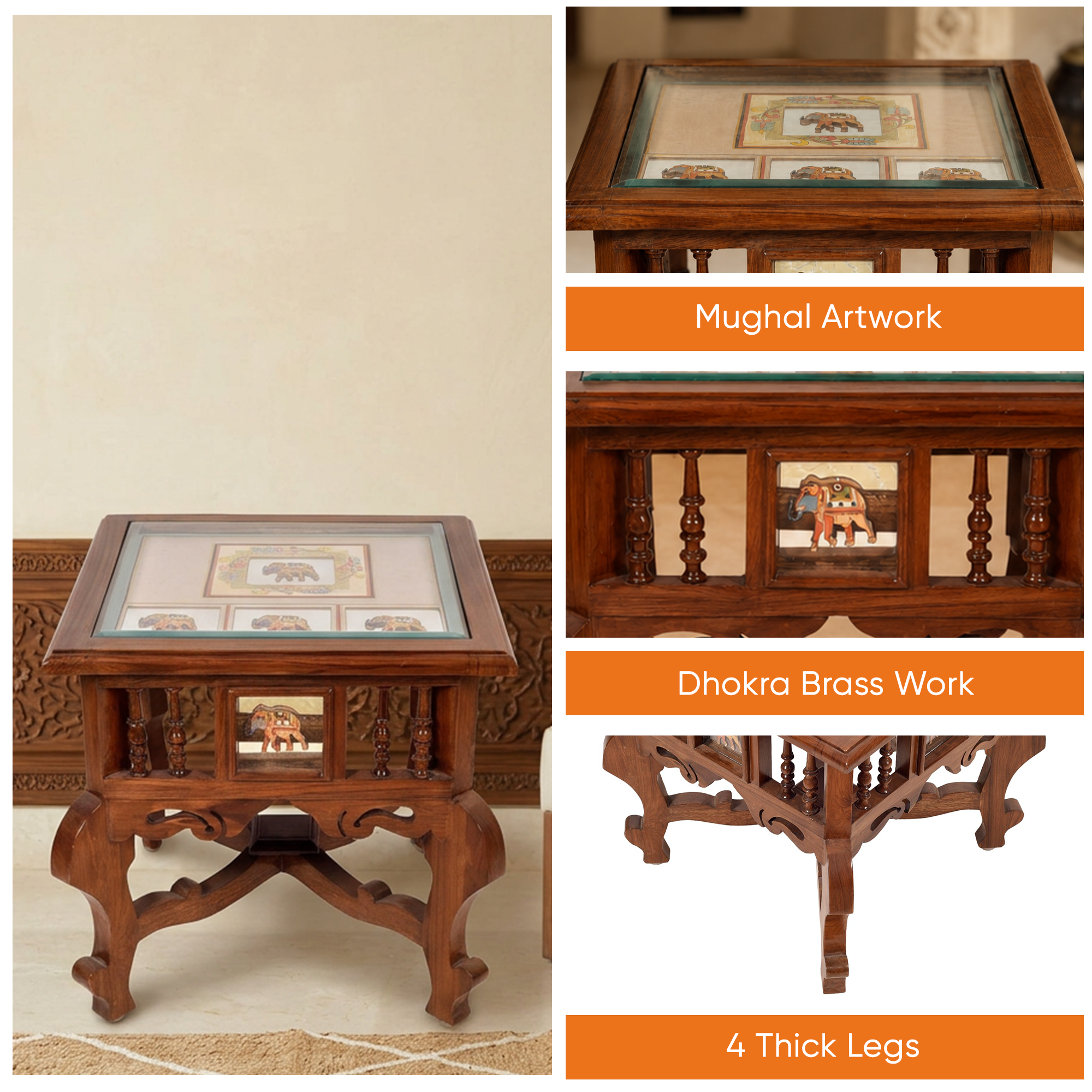 Mahi-I Bedside Table with Oriental Legs in Teakwood with Walnut Matte Finish