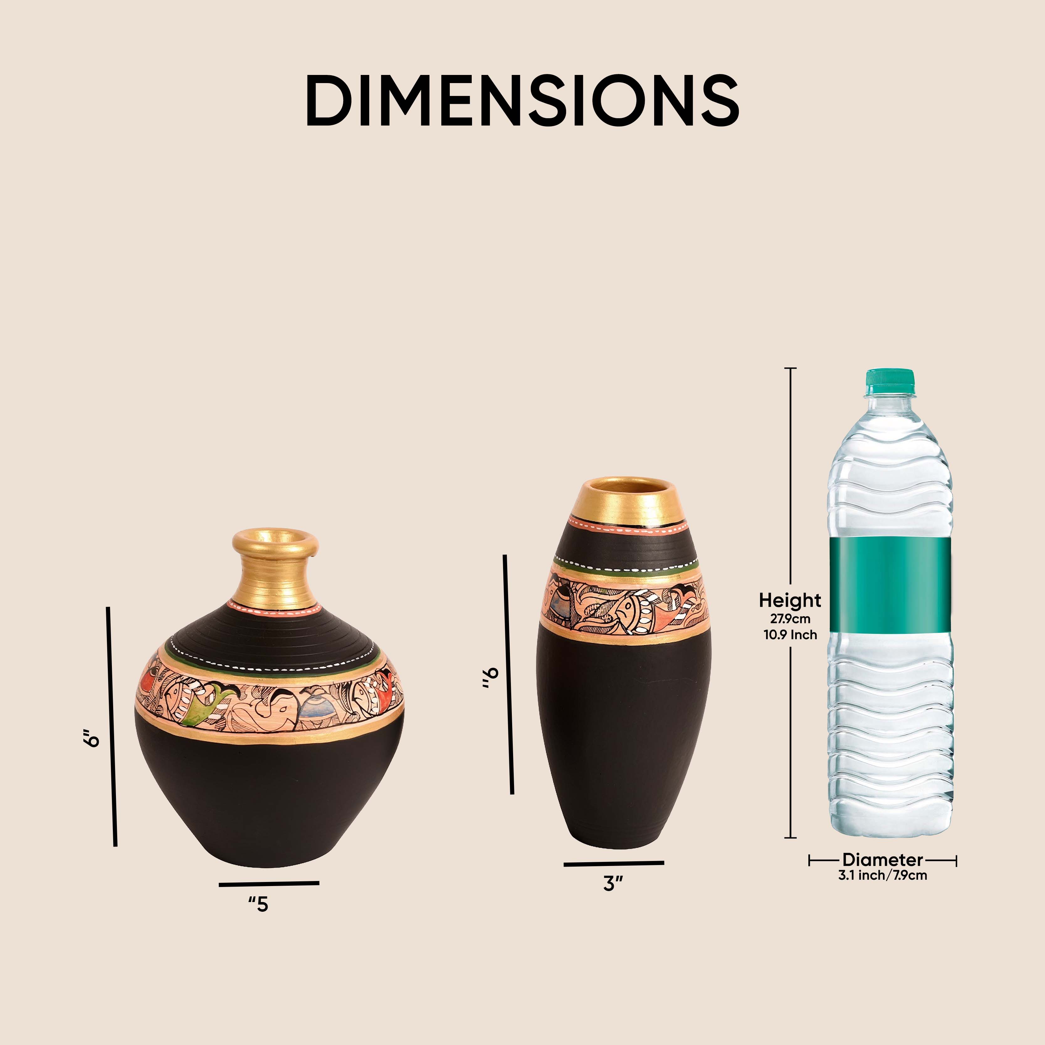 Vase Earthen Black Madhubani (Set of 2) (6x5/6x3)