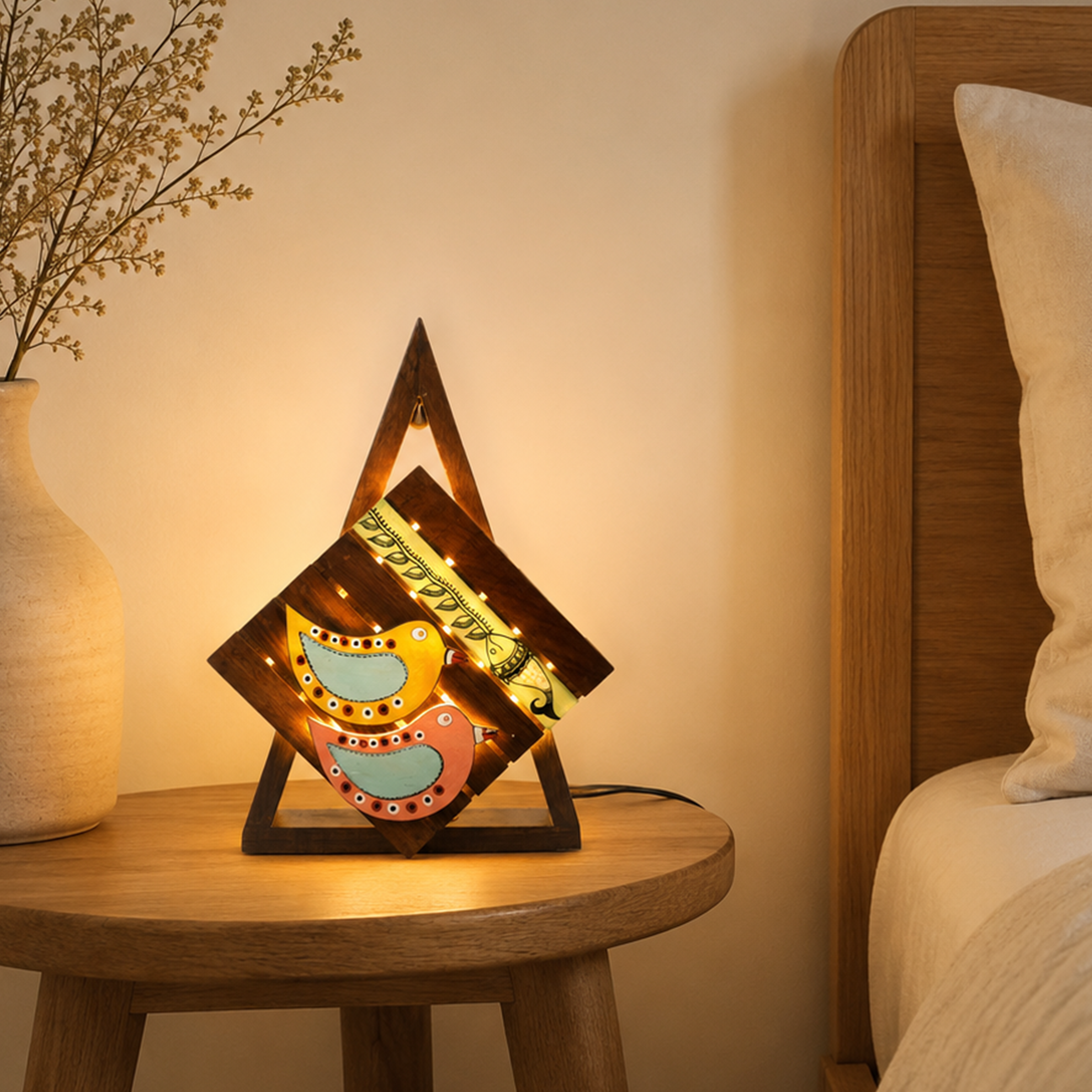 Table Lamp Handcrafted in Wood with Tribal & Bird Motifs (8.4x2.6x12")