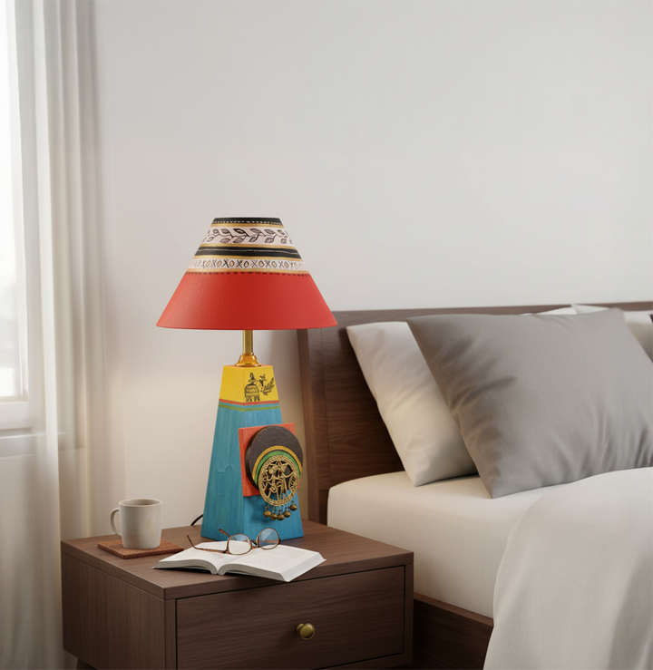 Turquoise Blue Lamp Embellished with Dhokra Brass Tiles & Red Shade