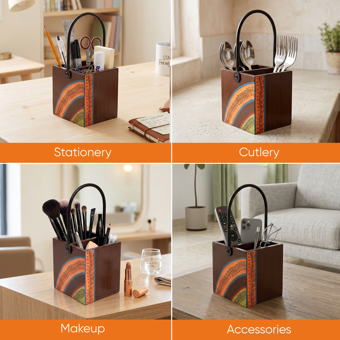 Cutlery Stand with Floral Patterns Handcrafted in Wood with Iron Handle (4x4x8.5)