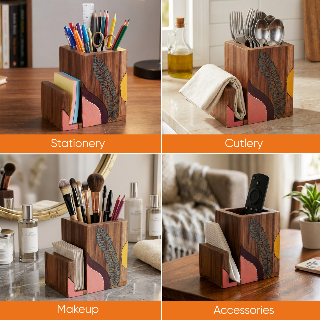 Teak leaves cutlery holder small (4.5x3x4.5)