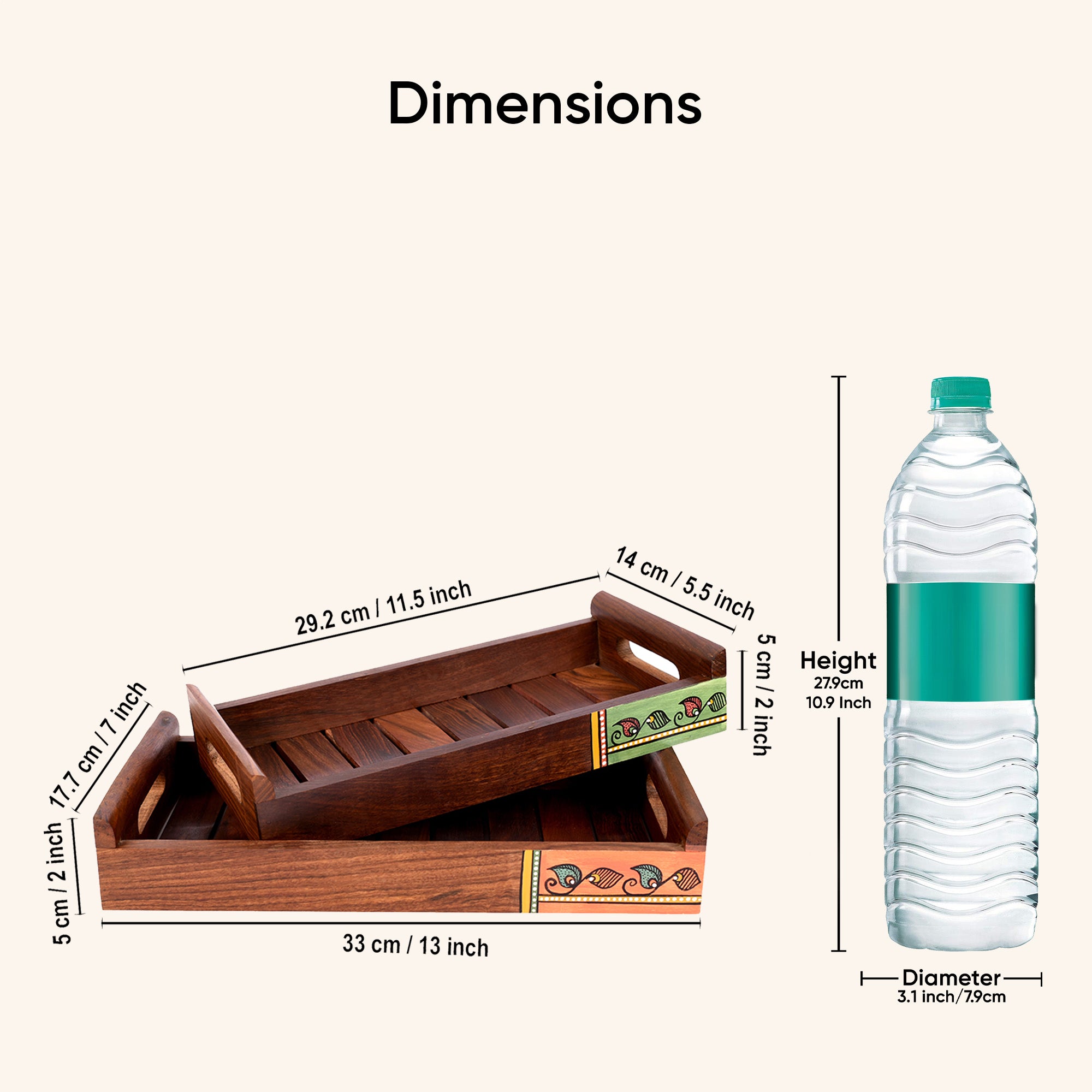 Trays with Madhubani Patterns Handcrafted in RoseWood (set of 2) (13x7/11.5x5.5")