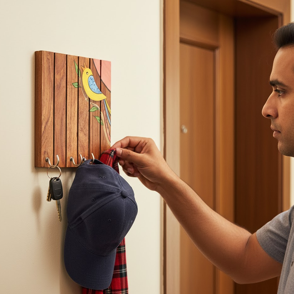 Robin Hand Painted Wooden Key Holder, Wall Mounted Bird Design Key Hanger for Entryway and Homedecor