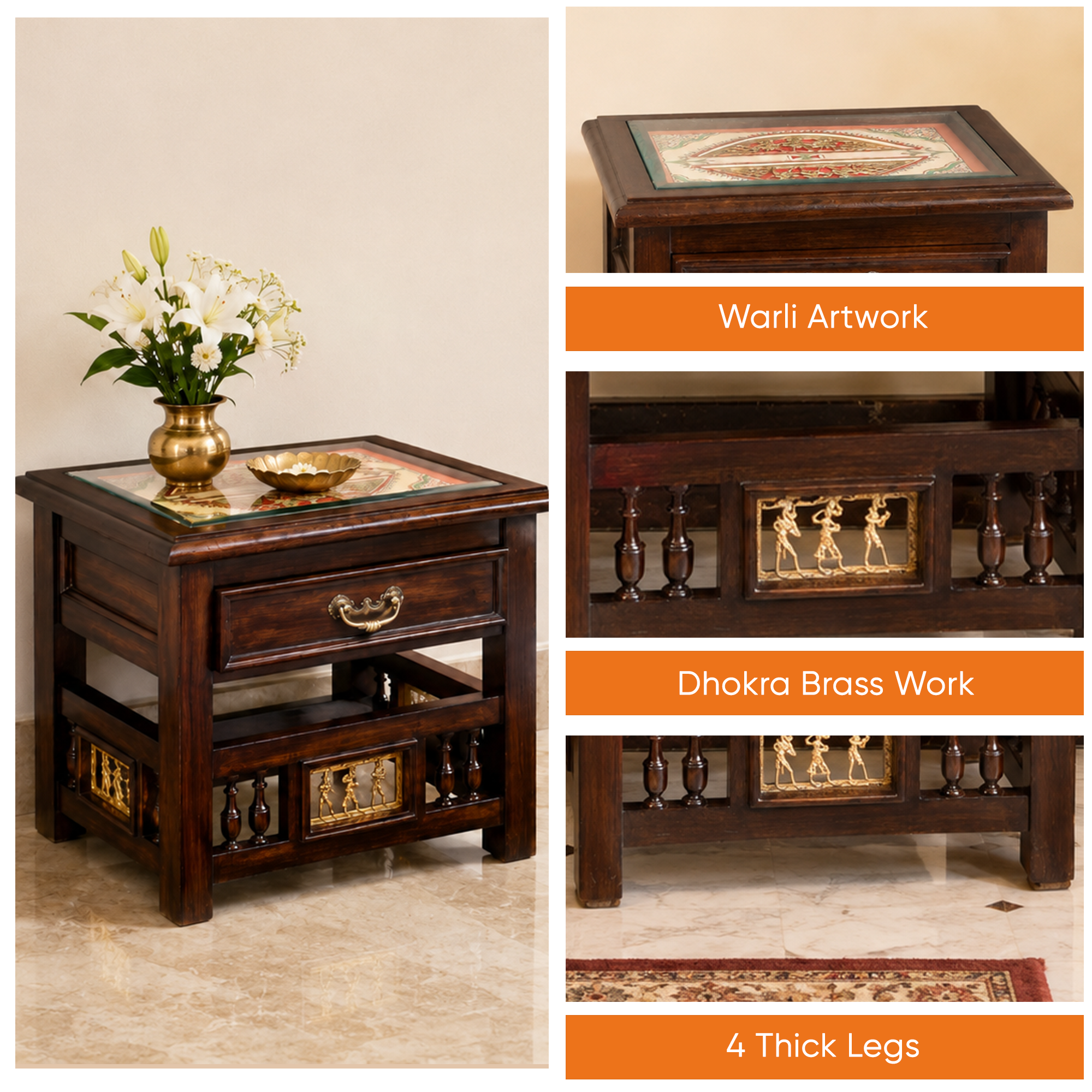 Myra Side Table in Teakwood with Walnut Finish, with Drawer (18x15x17)