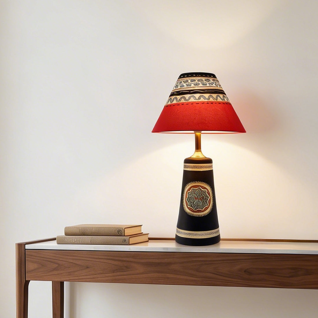 Soma Table Lamp- Hand Painted with warli Art in Black with Red Hand Painted Fabric Shade