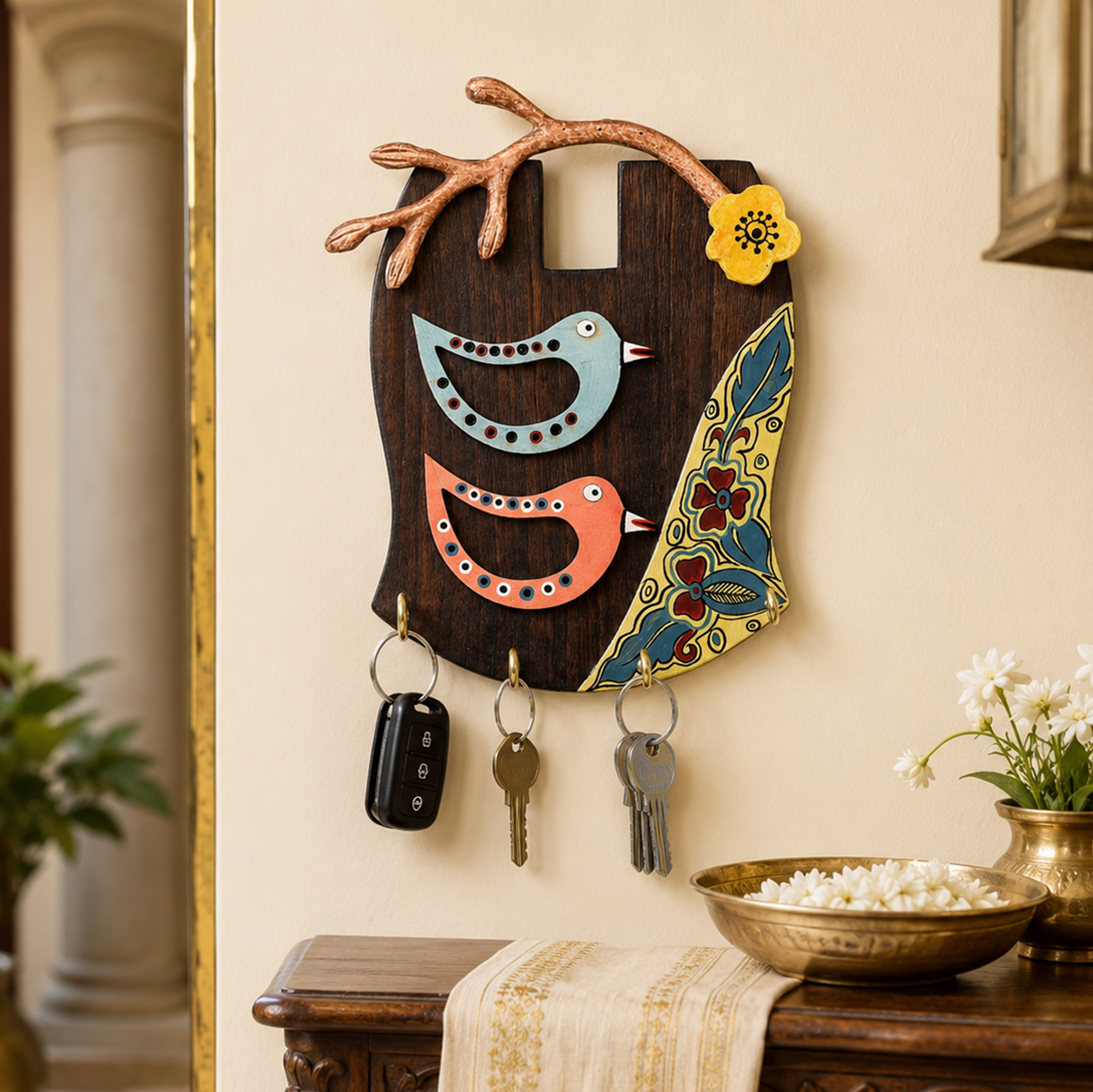 Key Holder Handcrafted Tribal Art Bird Theme 4 keys (7.5x2x10)