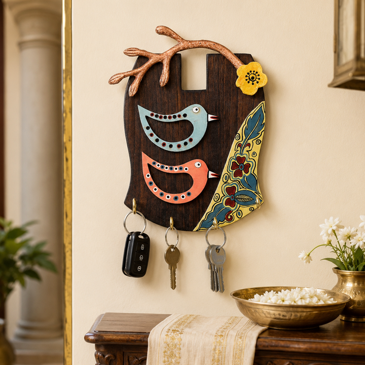 Key Holder Handcrafted Tribal Art Bird Theme 4 keys (7.5x2x10)
