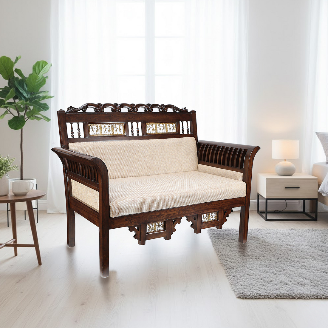 Maharaja Double Seater Sofa in Teakwood with Walnut Finish adorned with Dhokra Brass Frames (51x26x38)