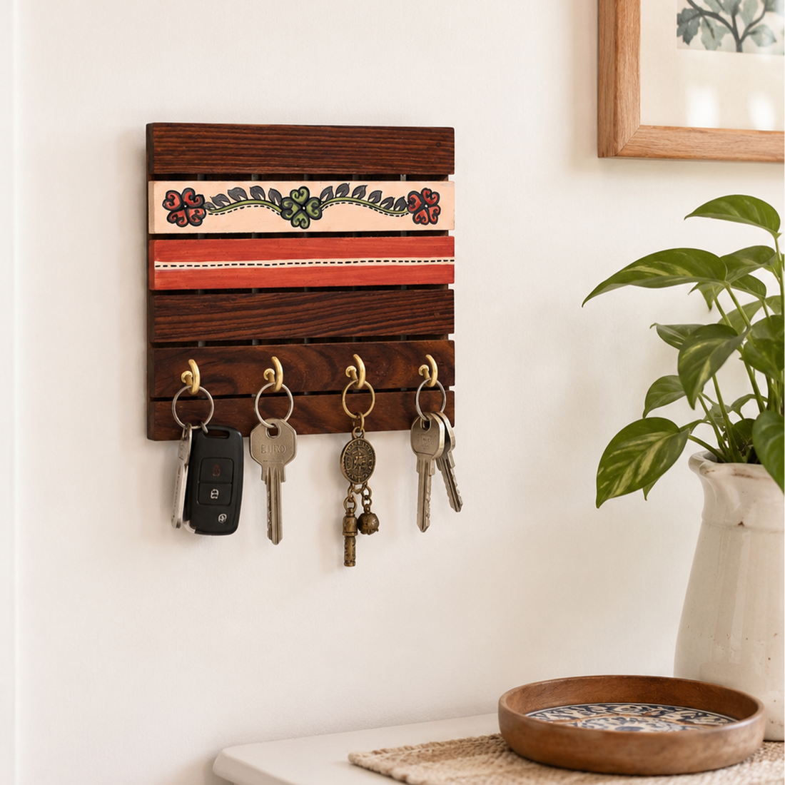 Key Holder Handcrafted Tribal Art 4 Keys (6x1.4x6)