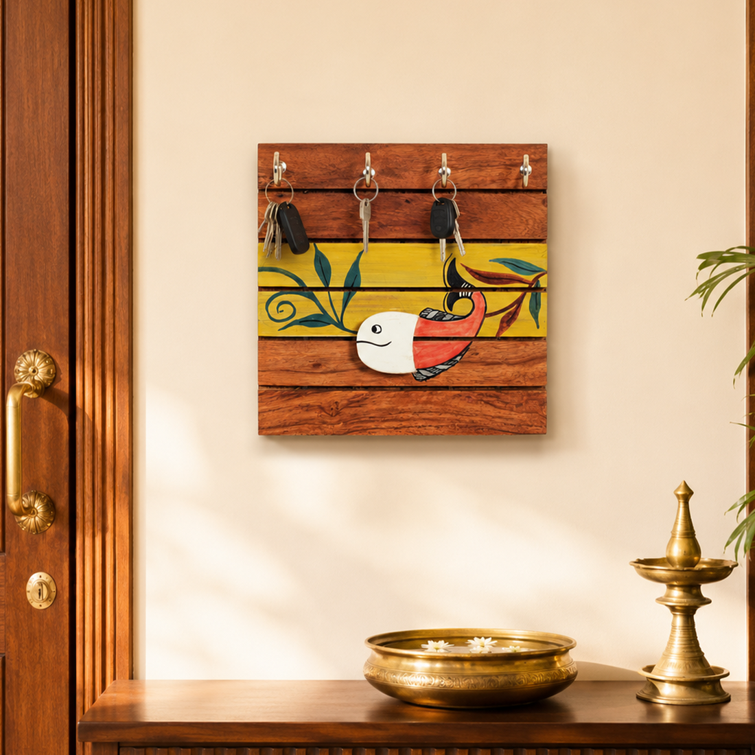Boga Hand Painted Wooden Key Holder, Wall Mounted Key Hanger with Bird Design for Homedecor