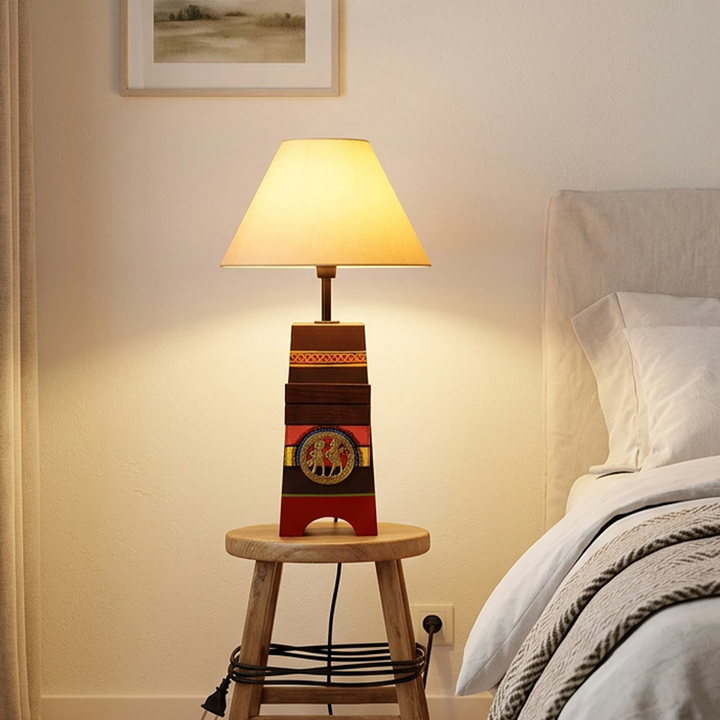 Handcrafted Wooden Table Lamp with Beige Shade, Artistic Bedside and Living Room Lighting