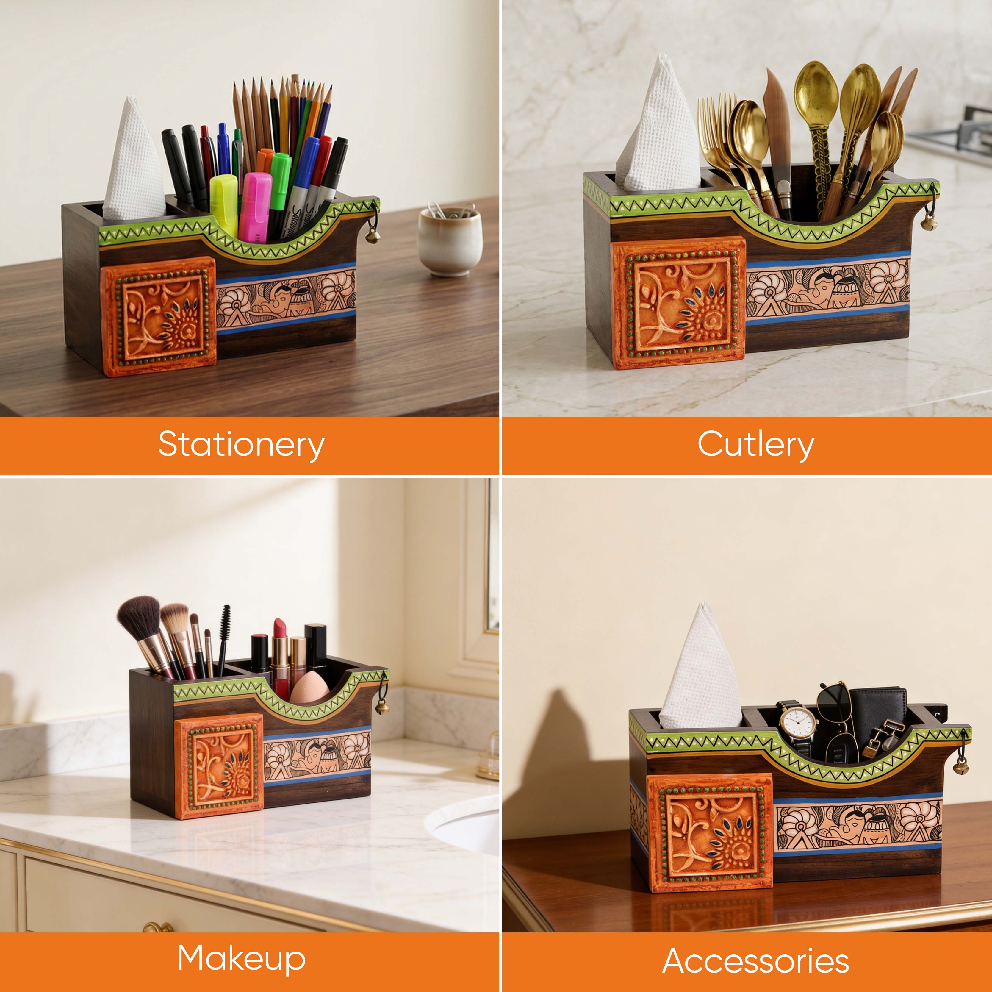 Cutlery Holder Handcrafted in Wood with Madhubani Art (8x3.5x4")