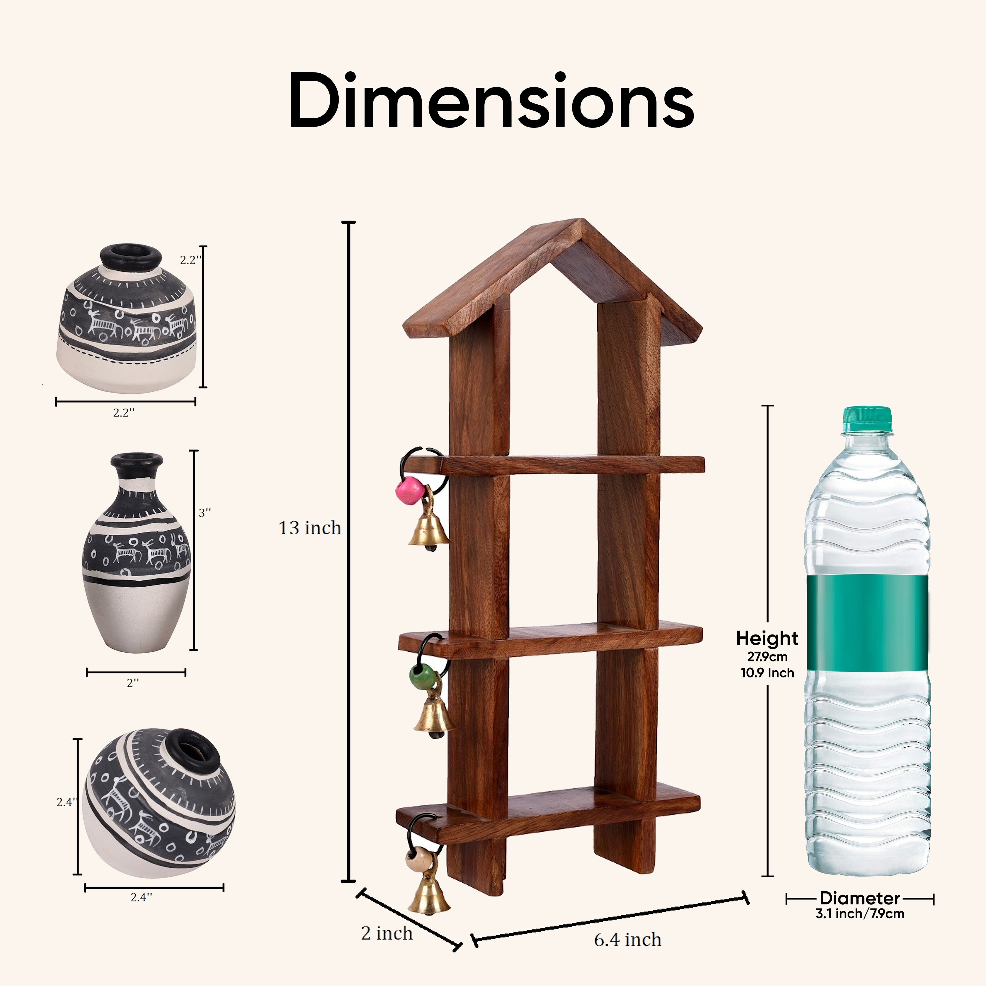Wall Decor Ladder & 3 Handcrafted Warli White Pots (6x2x13)