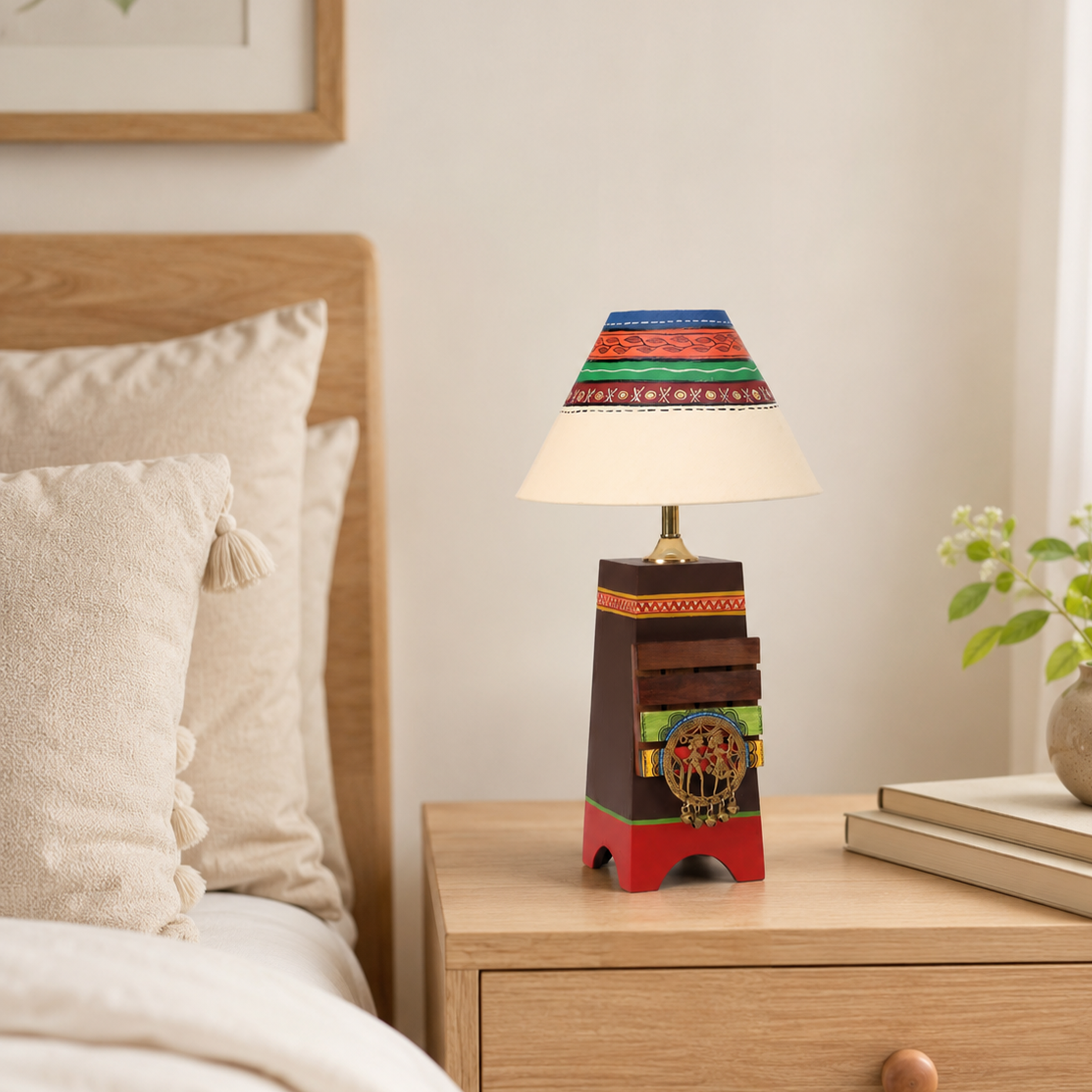 Pyramid wooden Table Lamp in Brown with Brass motifs, decorated with Tribal paintings with white Shade