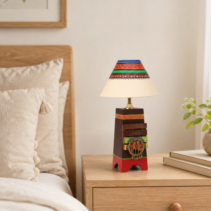 Pyramid wooden Table Lamp in Brown with Brass motifs, decorated with Tribal paintings with white Shade