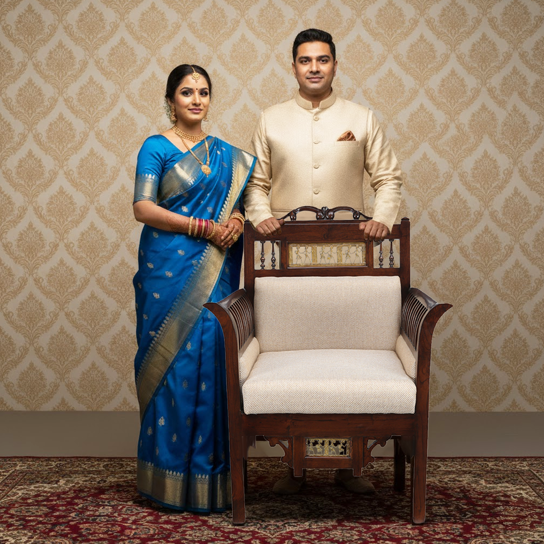 Maharaja Single Seater Sofa in Teakwood with Walnut Finish adorned with Dhokra Brass Frames (30x26x38)