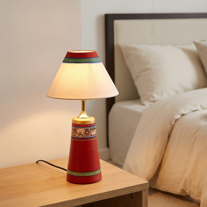 Table Lamp Red Earthen Handcrafted with White Shade (13x4.7")