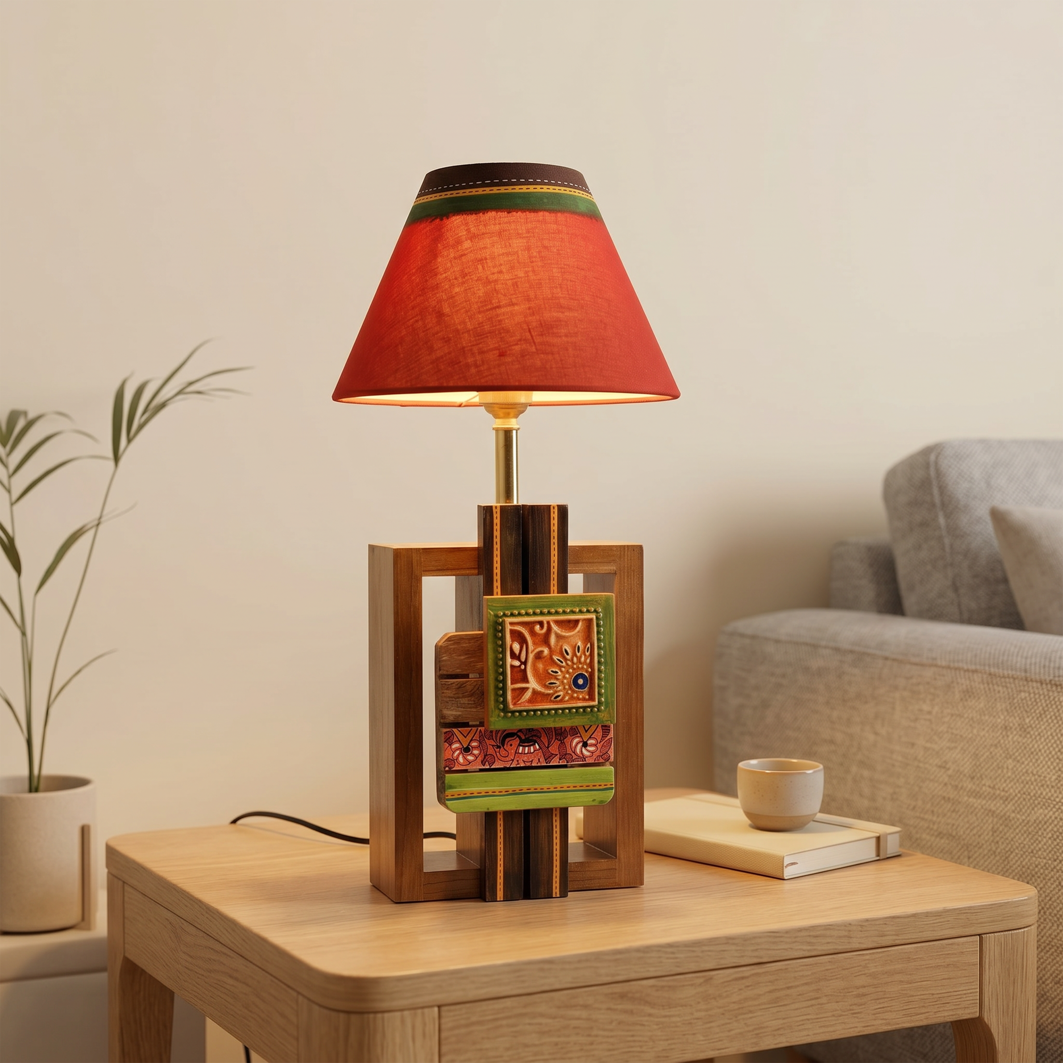 Table Lamp Handcrafted in Wood with Tribal Motifs & Red Shade (6x4x12.5")