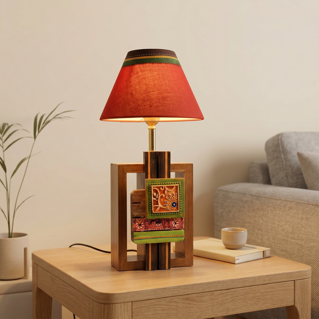 Table Lamp Handcrafted in Wood with Tribal Motifs & Red Shade (6x4x12.5")