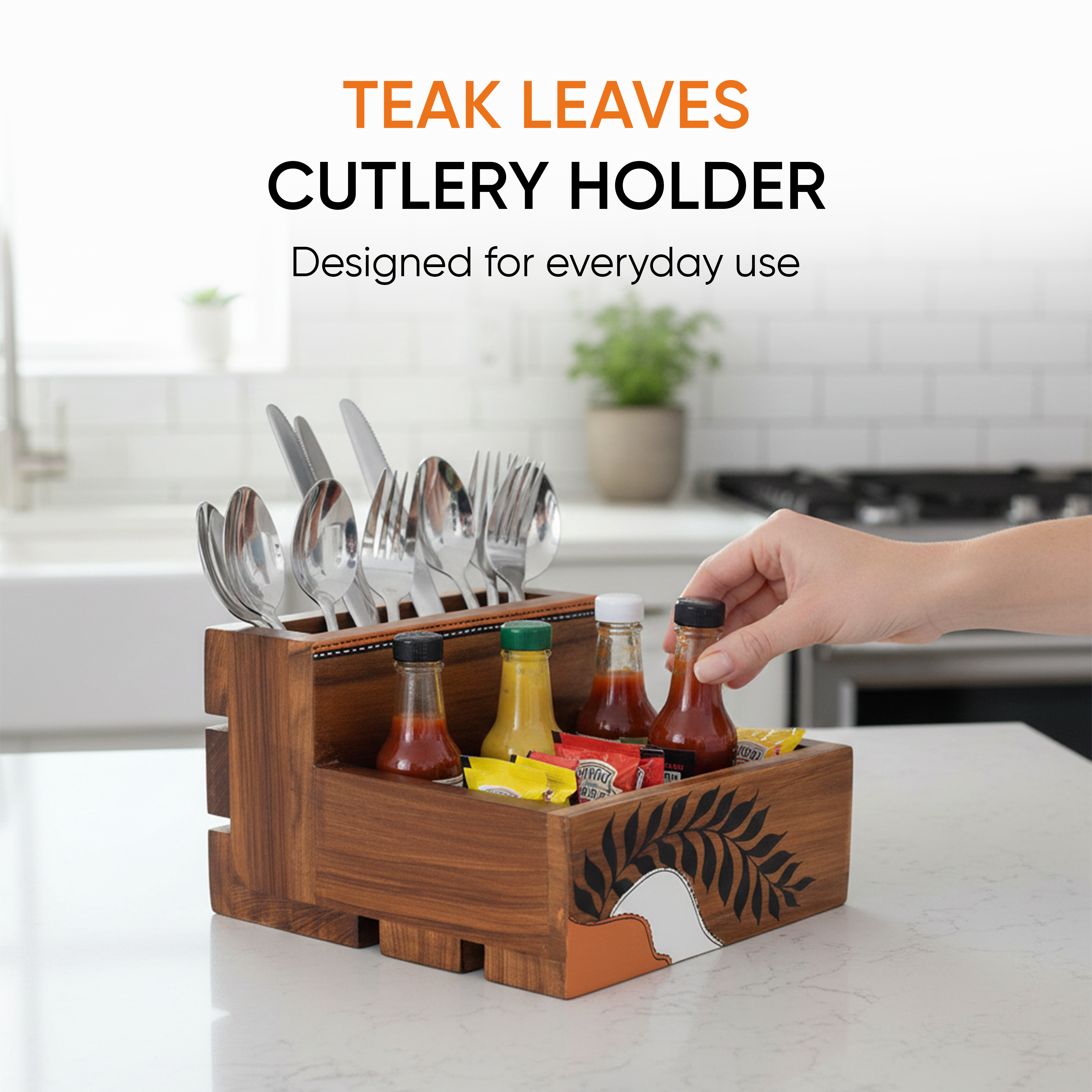 Teak leaves cutlery holder large (7x6x4.1)