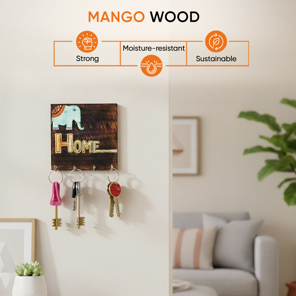 Hola Wooden Key Holder with Hand Painted Elephant and HOME Design, Wall Mounted Key Organizer for Homedecor