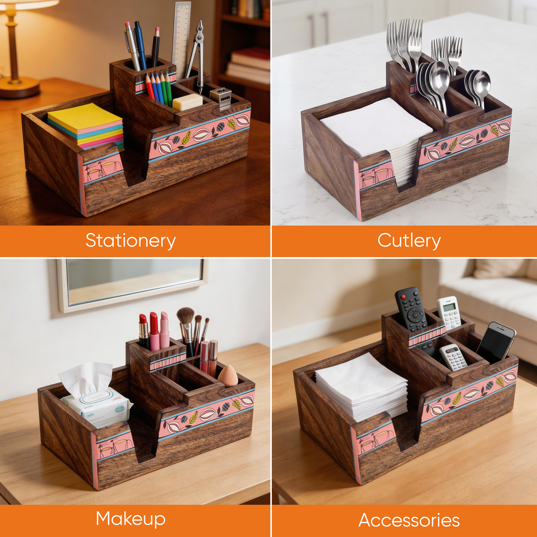 Leafy Charm Wooden Cutlery Holder (10x6x5)