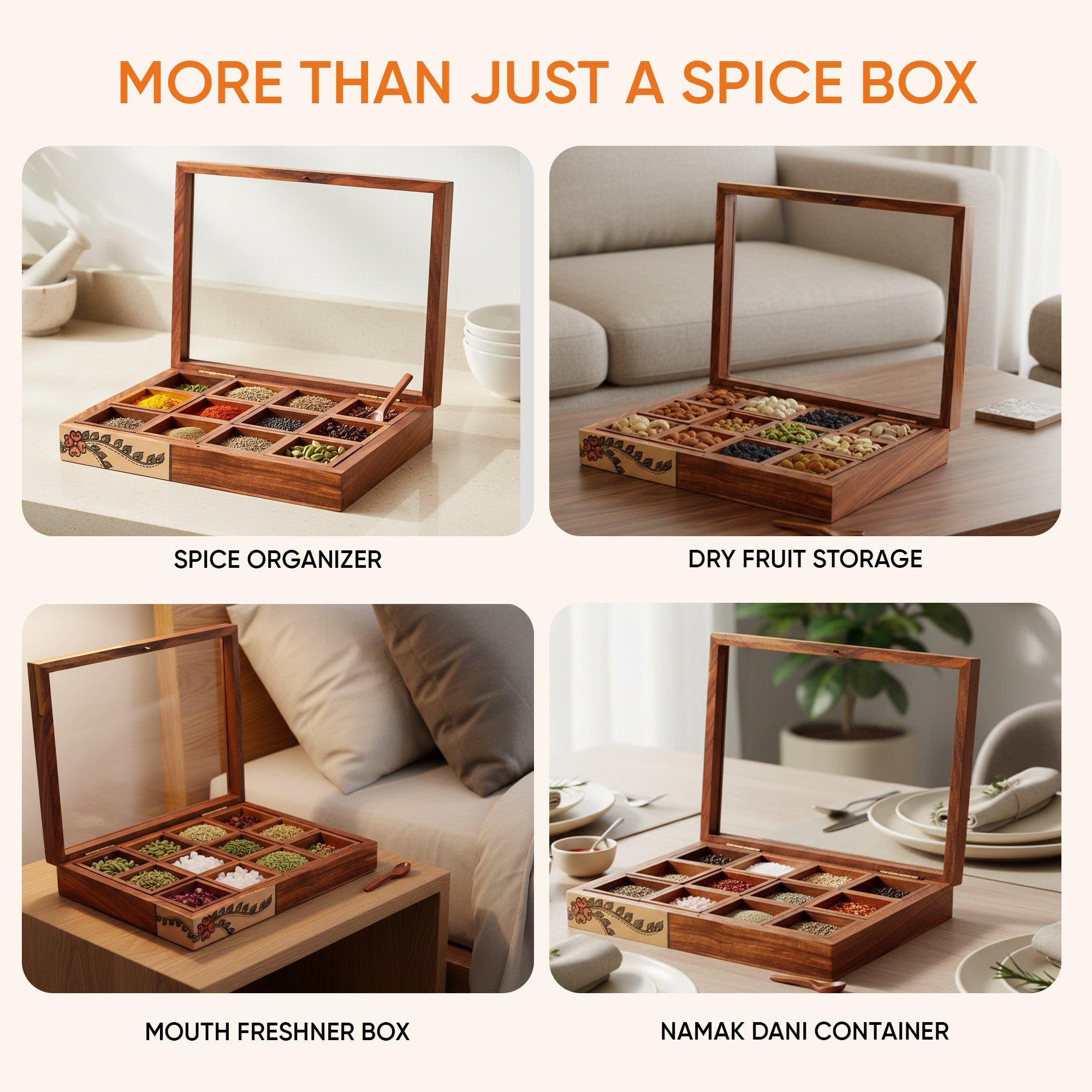 Spice Box Handcrafted Tribal Art 12 Slot Wooden with Spoon (10.5x8x2)
