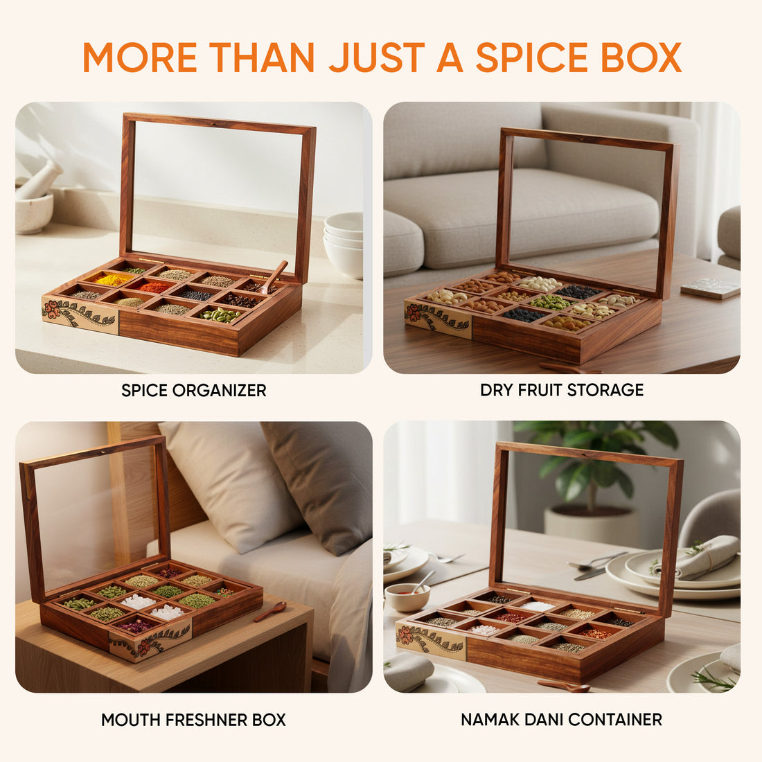 Spice Box Handcrafted Tribal Art 12 Slot Wooden with Spoon (10.5x8x2)