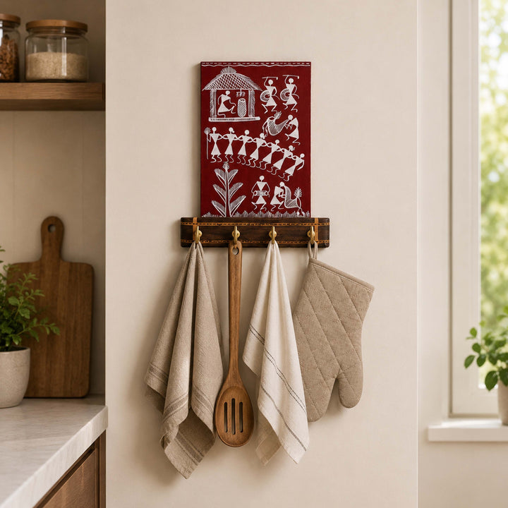 Warli Melody Key Holder In Red (6x2.5x8)