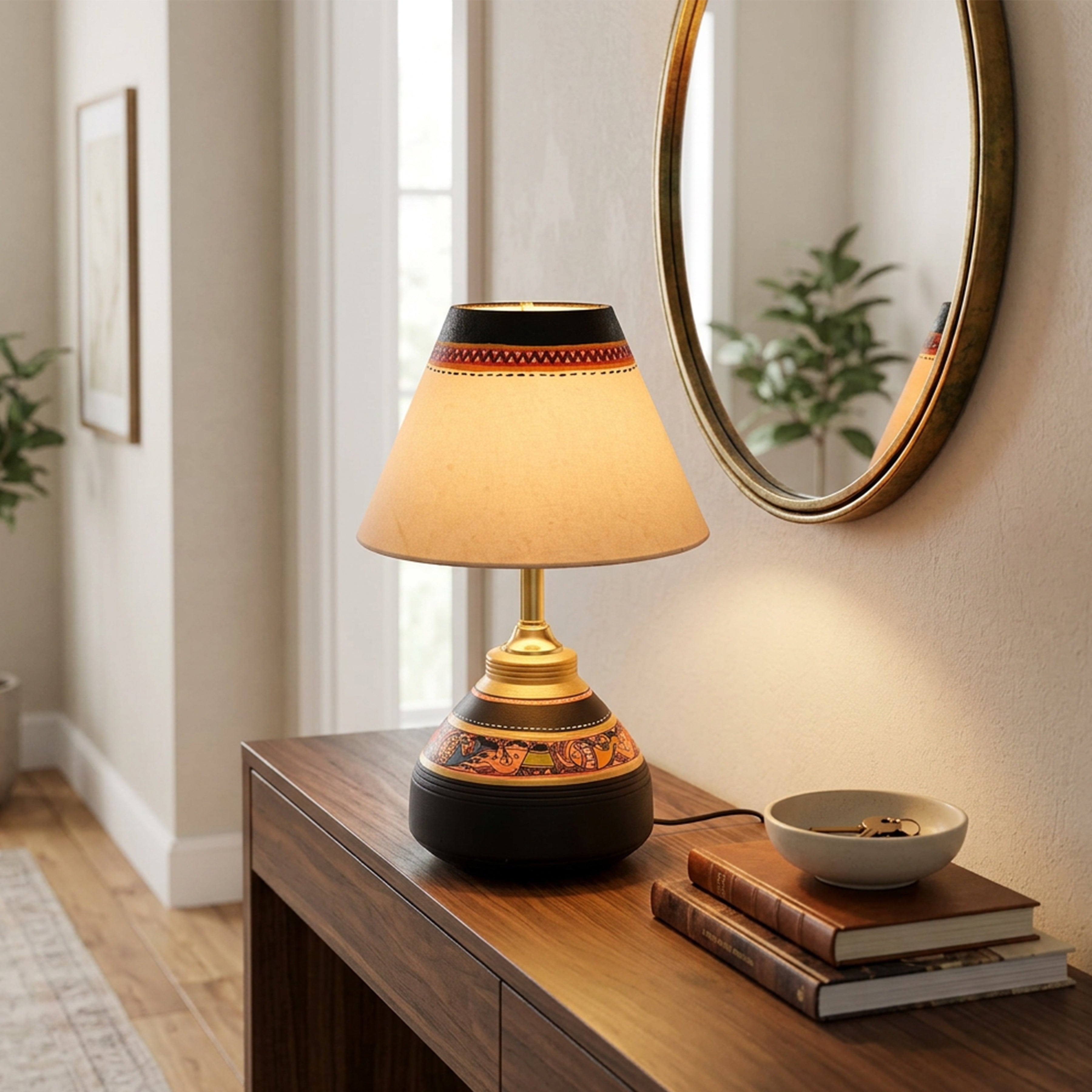 Table Lamp Black Earthen Handcrafted with White Shade (9.5x6")