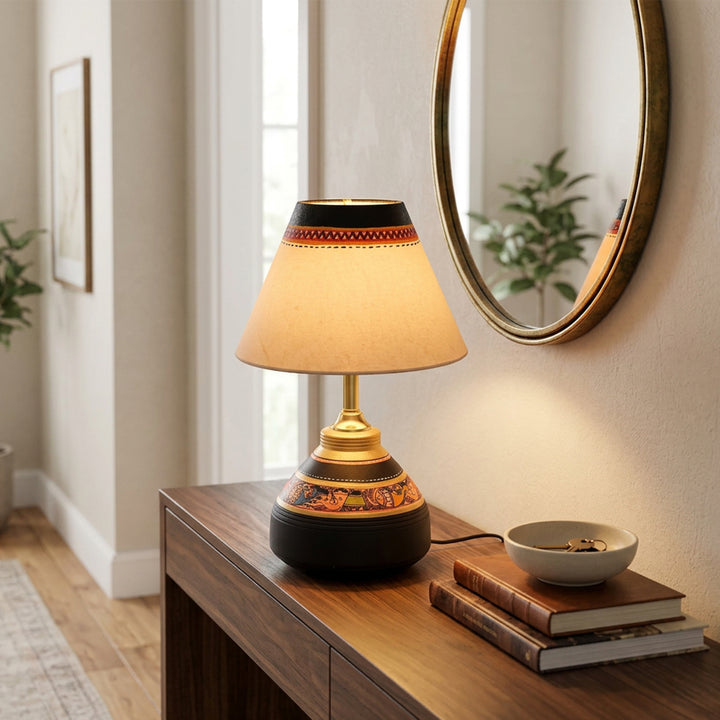 Table Lamp Black Earthen Handcrafted with White Shade (9.5x6")