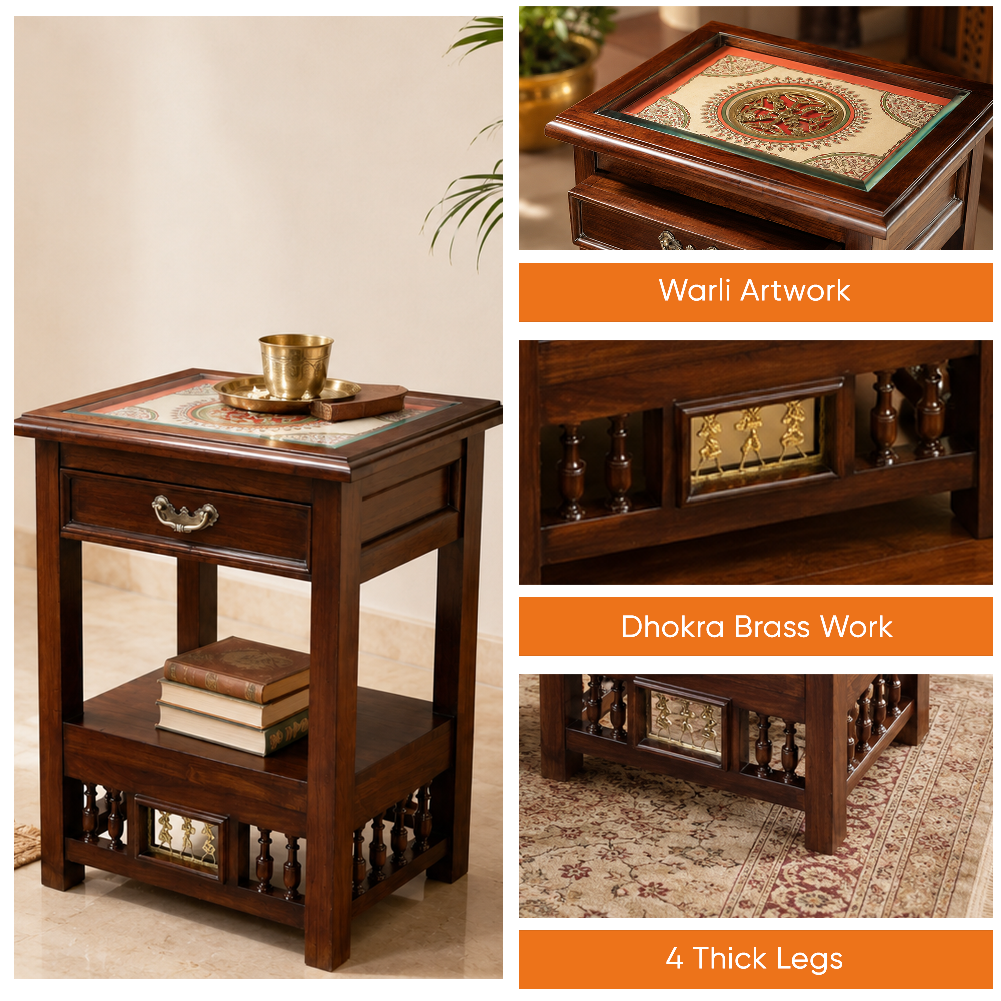 Myra-I Side Table in Teakwood with Walnut Matte Finish, with Drawer (18x15x24)