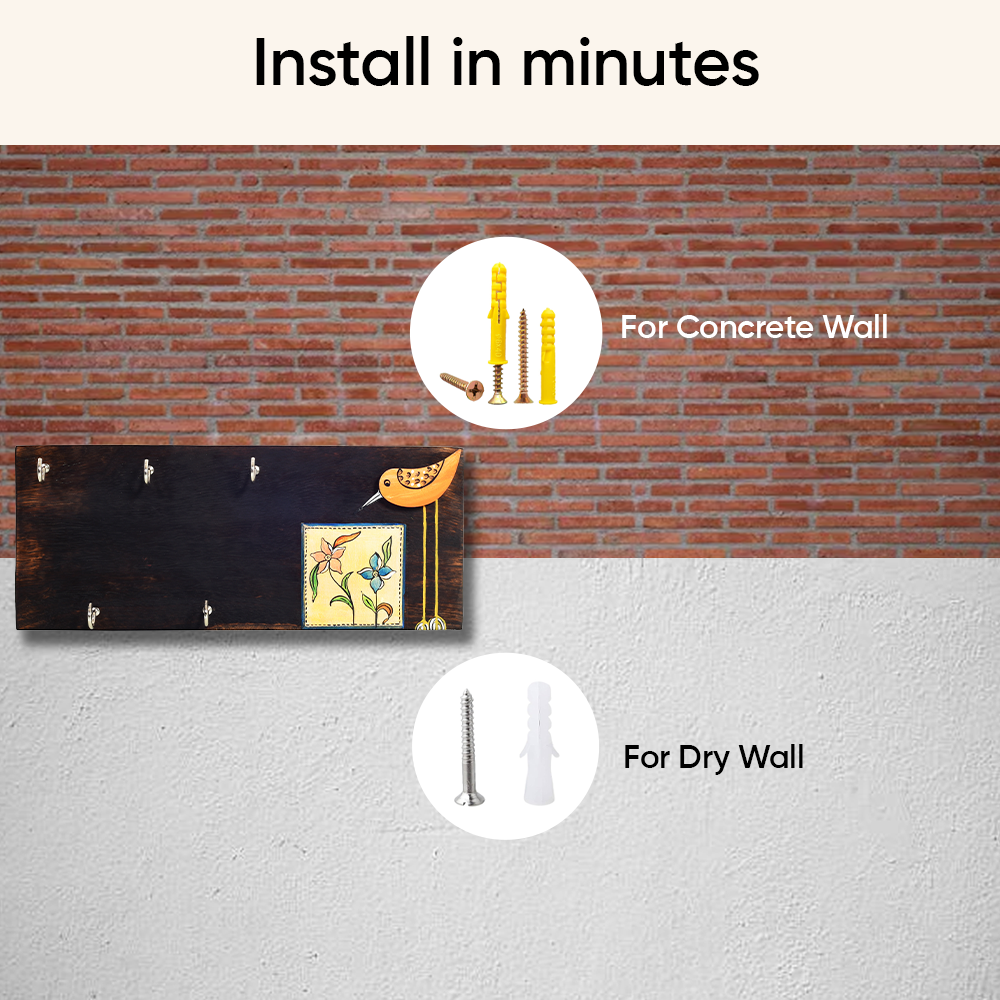 Rio Hand Painted Wooden Key Holder, Horizontal Wall Mounted Key Hanger with Bird and Floral Art for Entryway and Homedecor