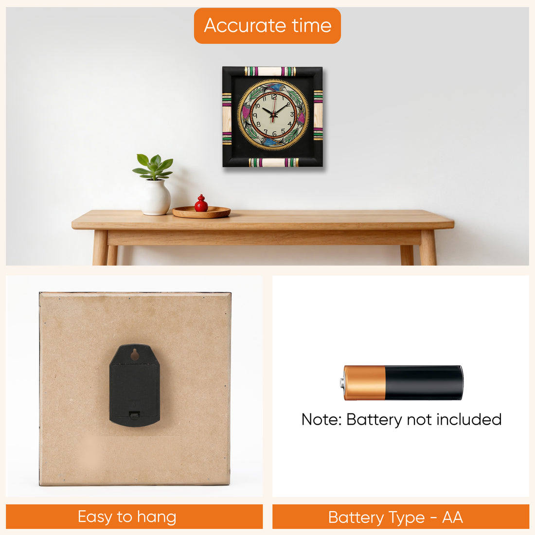 Wall Clock Handcrafted Warli Art Black Dial with Glass Frame (10x10)