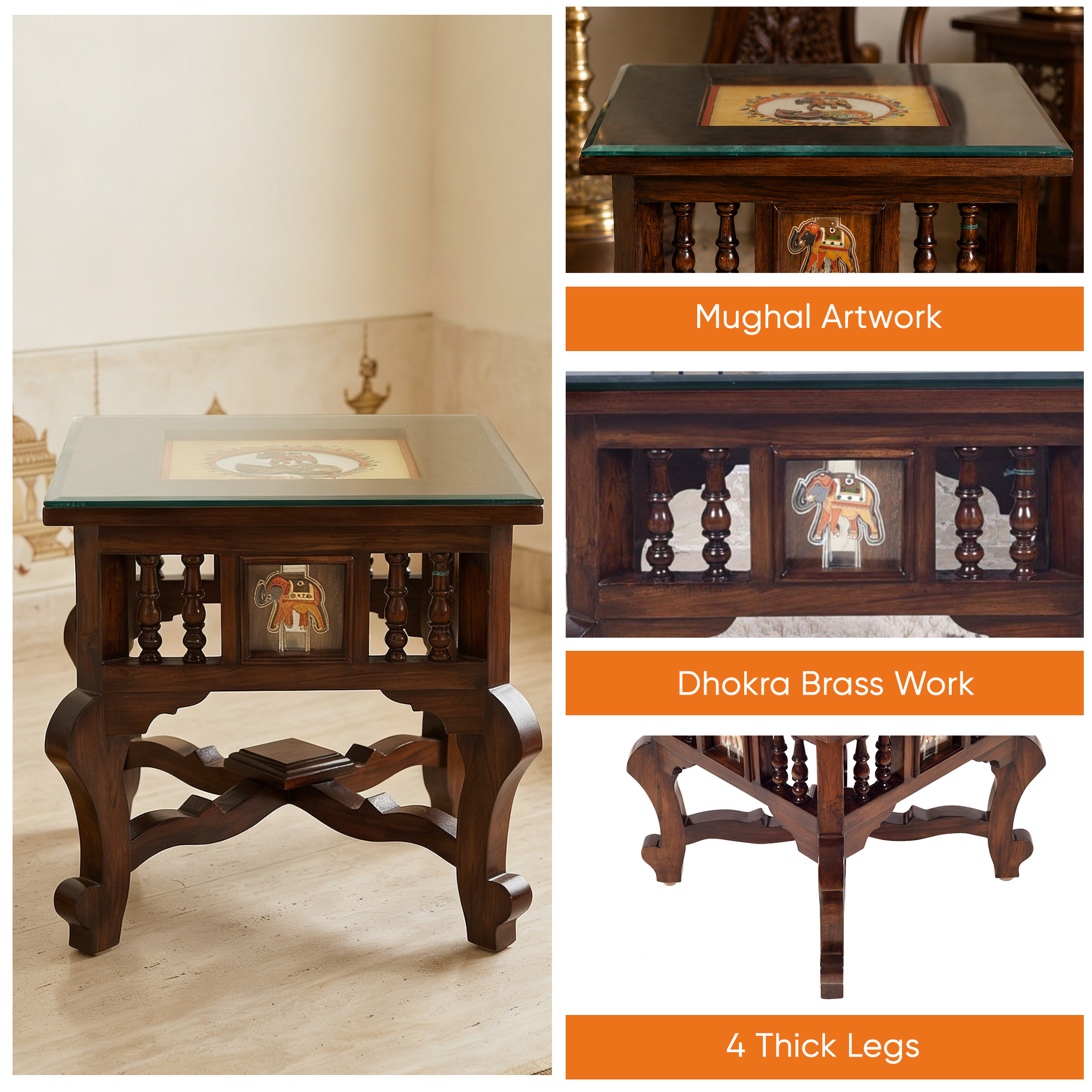 Mahi Bedside Table with Oriental Legs in Teakwood with Walnut Matte Finish