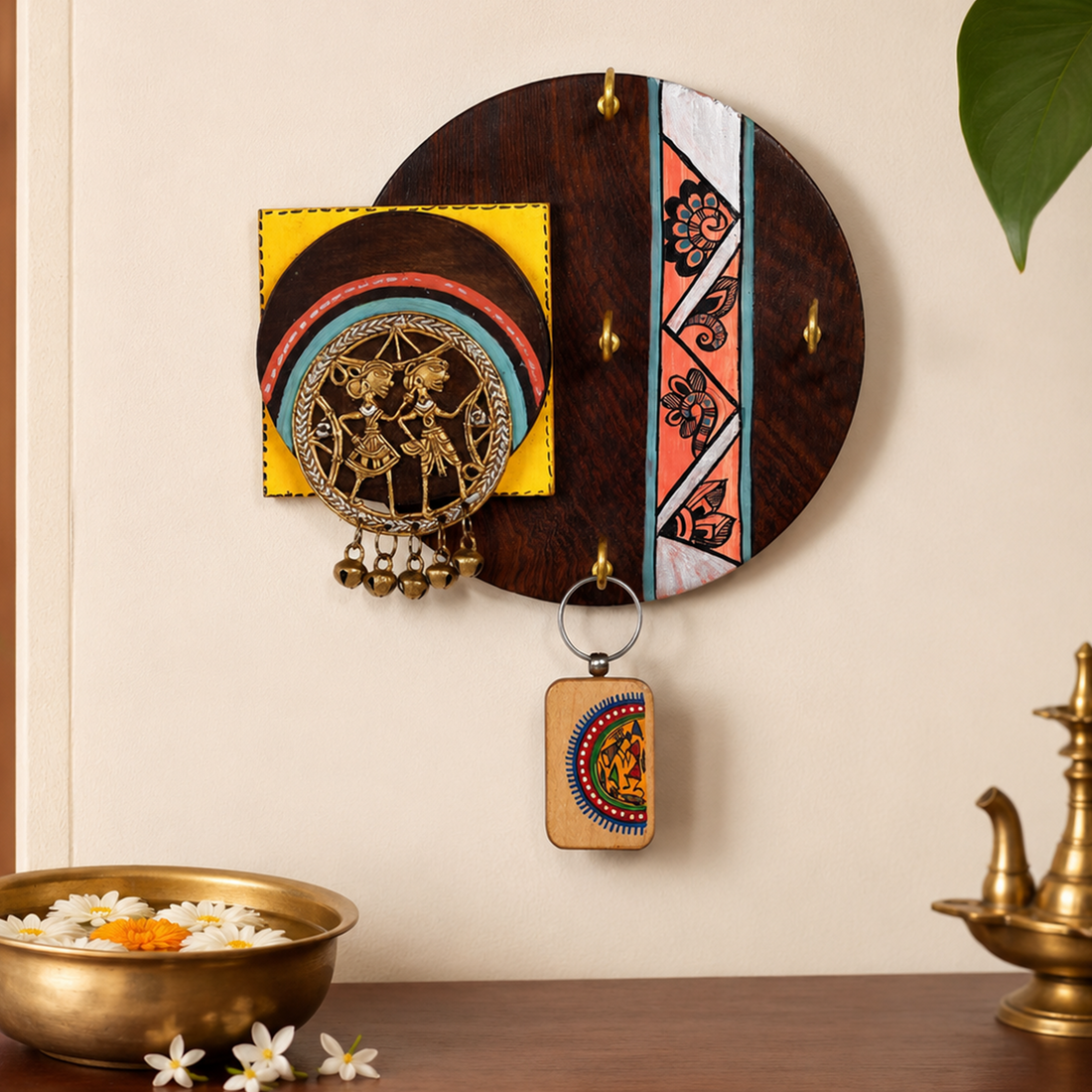 Key Holder Handcrafted Madhubani Dhokra 4 keys (7.5x1.5x6.5)