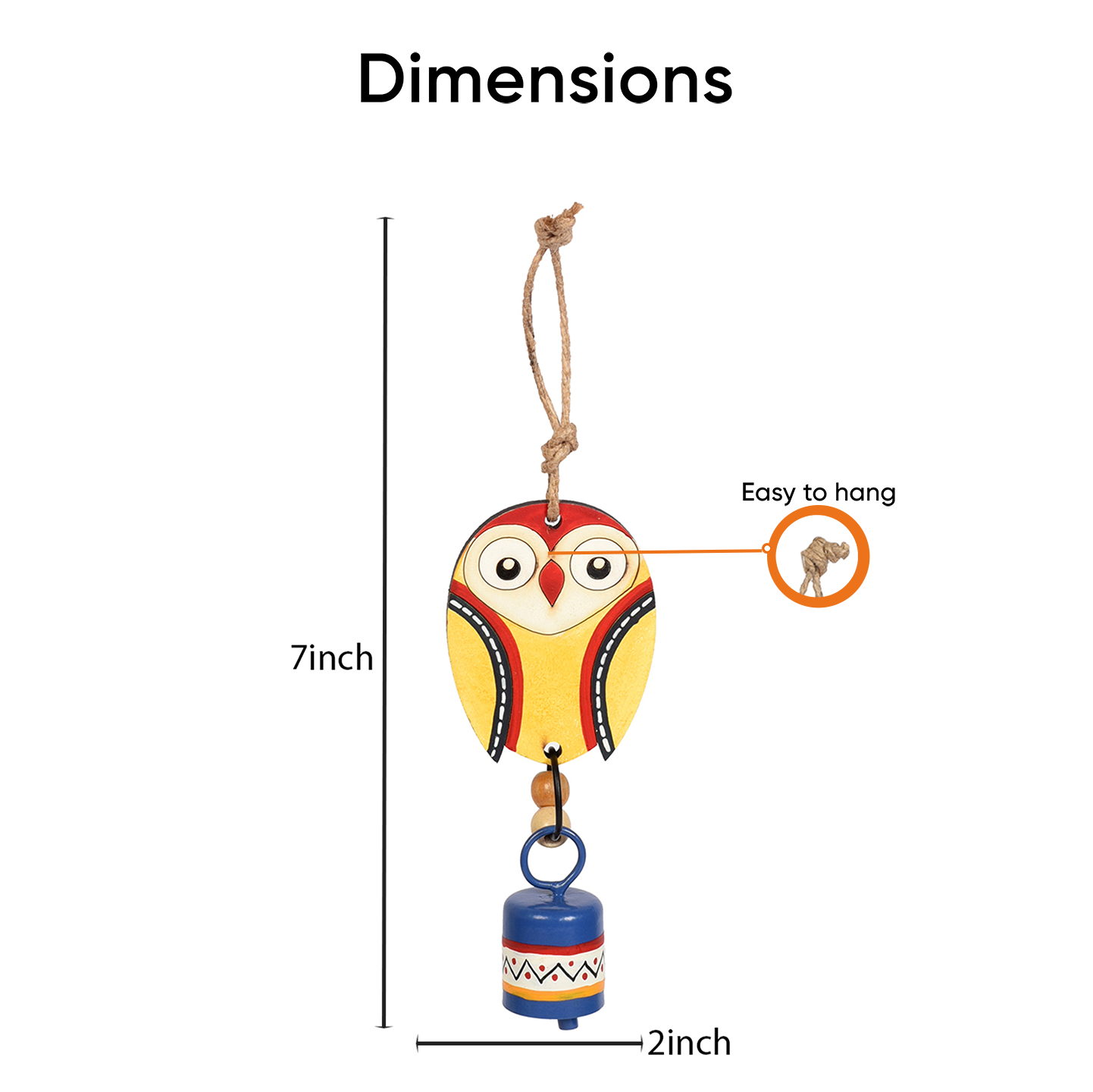 Owl Wind Chime with Metal Bell, Yellow and Blue