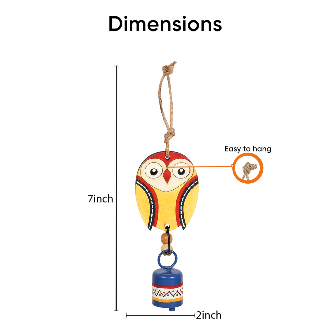 Owl Wind Chime with Metal Bell, Yellow and Blue