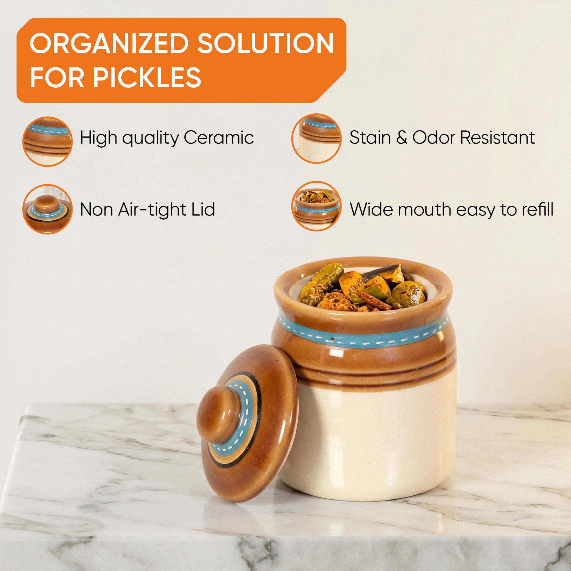 Granny Pickle Tray, Traditional Ceramic Pickle Jar Set with Wooden Tray and Utility Holders