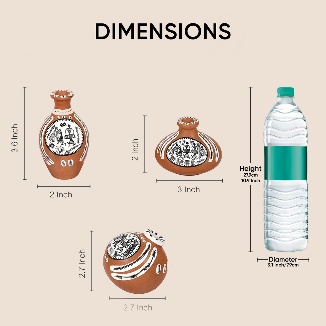 Vase Earthen Miniatures Natural Warli (Set of 3) 2.4/2/2